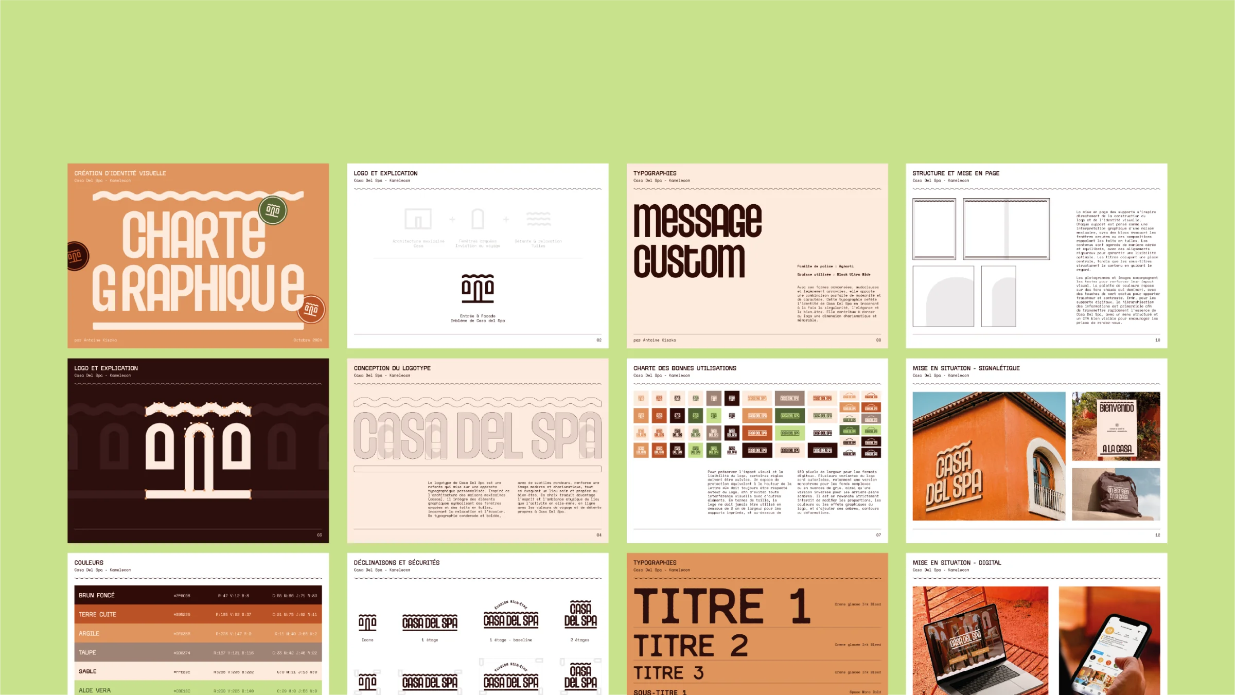 Charte graphique Casa Del Spa : déclinaisons du logo sur la palette terracotta, vert cactus et crème