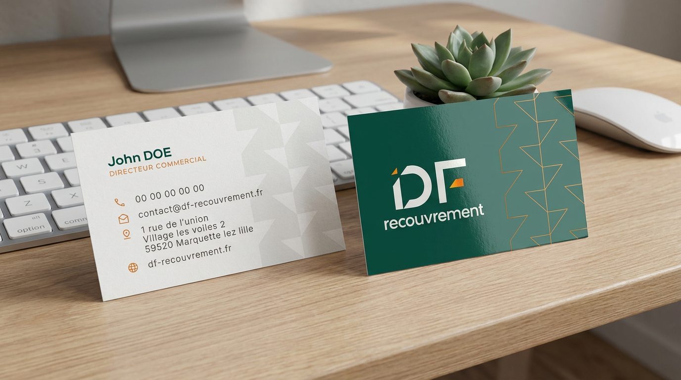Cartes de visite DF Recouvrement posées sur un bureau en bois