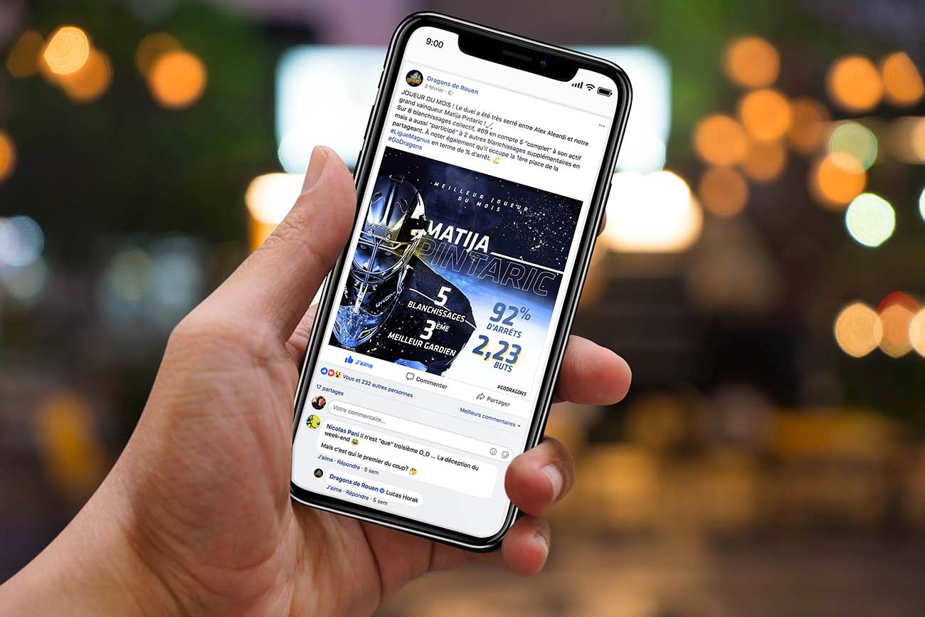 Publication Facebook des Dragons de Rouen : le joueur du mois Matija Pintaric et ses statistiques, sur smartphone