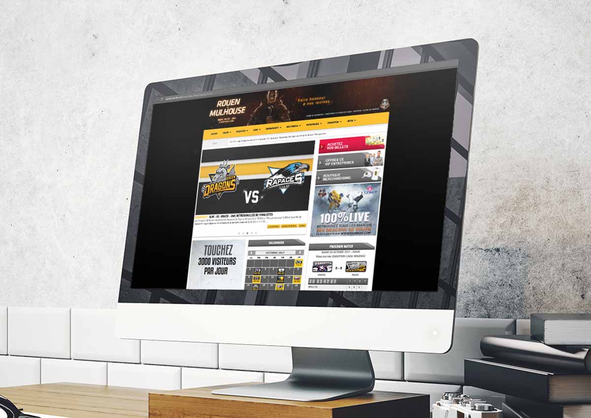 Site officiel des Dragons de Rouen sur un écran : prochain match, calendrier, billetterie et boutique