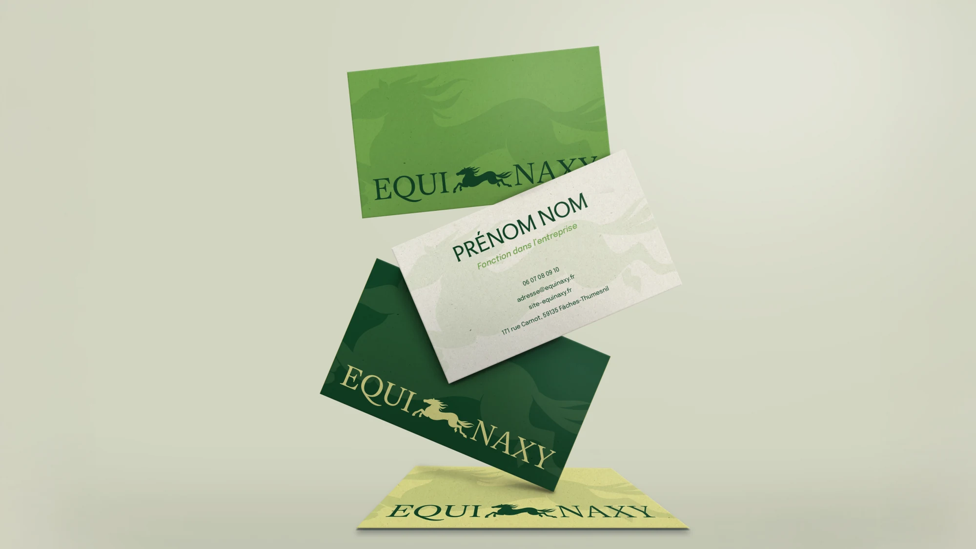 Cartes de visite Equinaxy : vert sapin, vert anis et crème