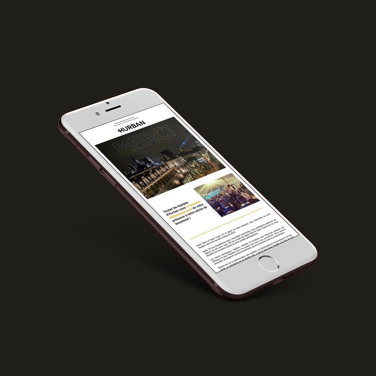 Newsletter Hurban affichée sur un smartphone, fond noir