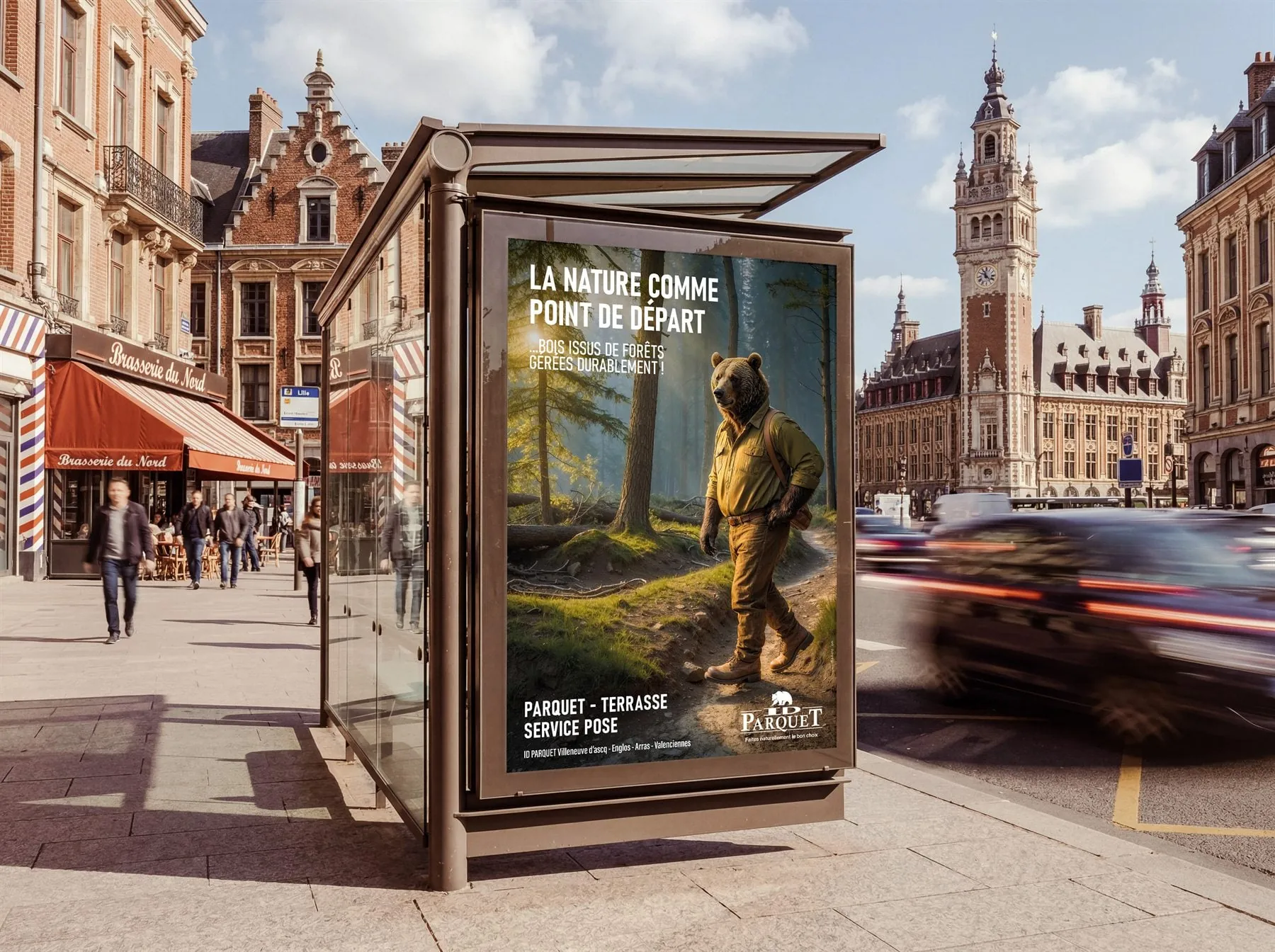 Affiche ID Parquet en abribus : l'ours en forêt, « la nature comme point de départ »