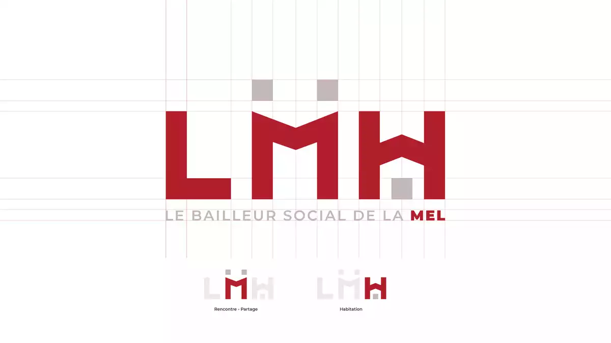 Construction du logo LMH sur sa grille : les lettres rouge brique, les carrés gris qui dessinent les toits, et les deux symboles Rencontre-Partage et Habitation