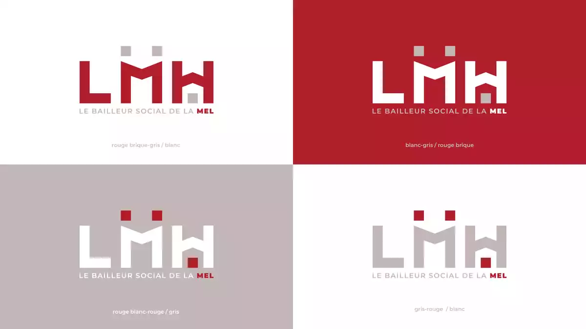 Les quatre déclinaisons couleur du logo LMH : rouge brique sur blanc, blanc sur rouge, blanc sur gris et gris sur blanc