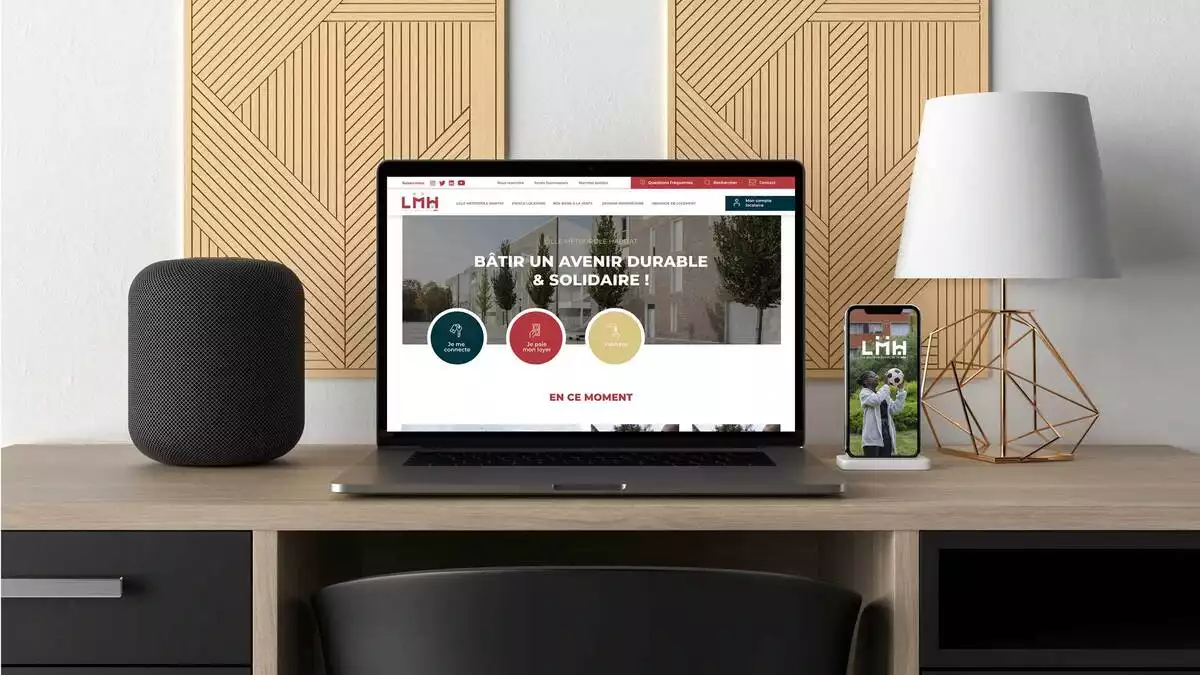 Site web LMH affiché sur un ordinateur portable et un smartphone : « Bâtir un avenir durable et solidaire ! »