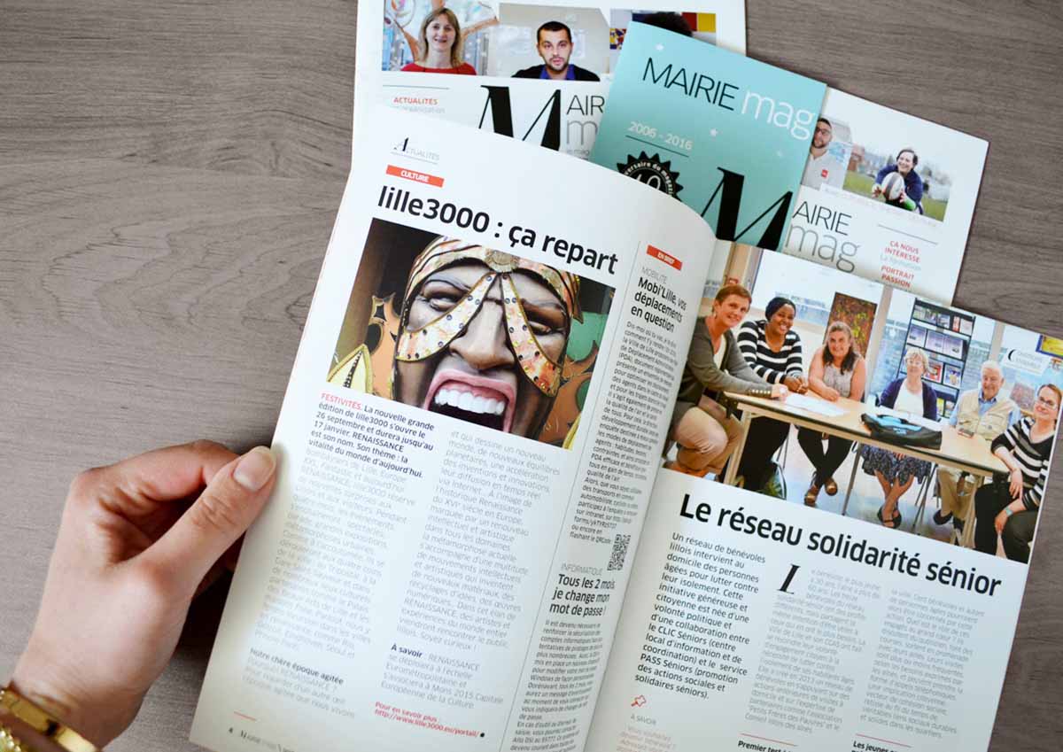 Numéros de Mairie Mag ouverts : page culture lille3000 et article sur le réseau solidarité sénior, numéro anniversaire 10 ans