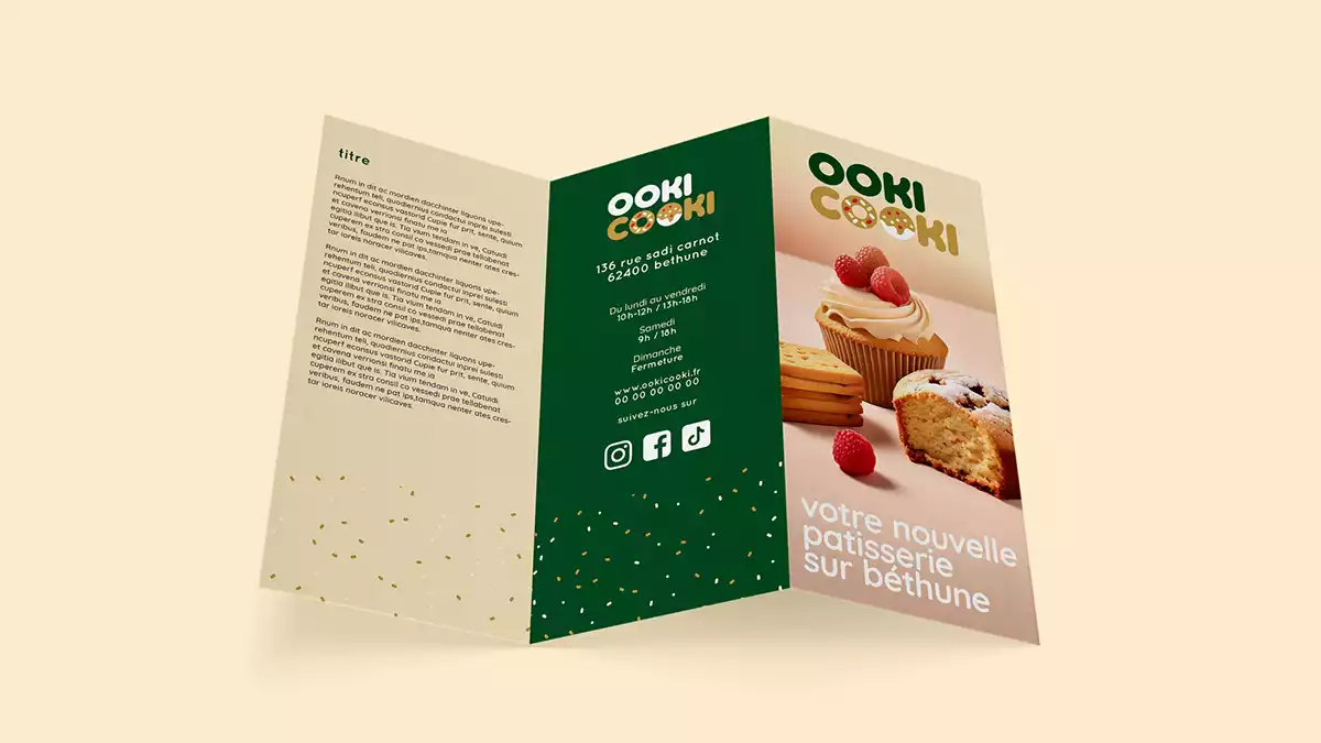 Dépliant trois volets OOki Cooki : votre nouvelle pâtisserie sur Béthune