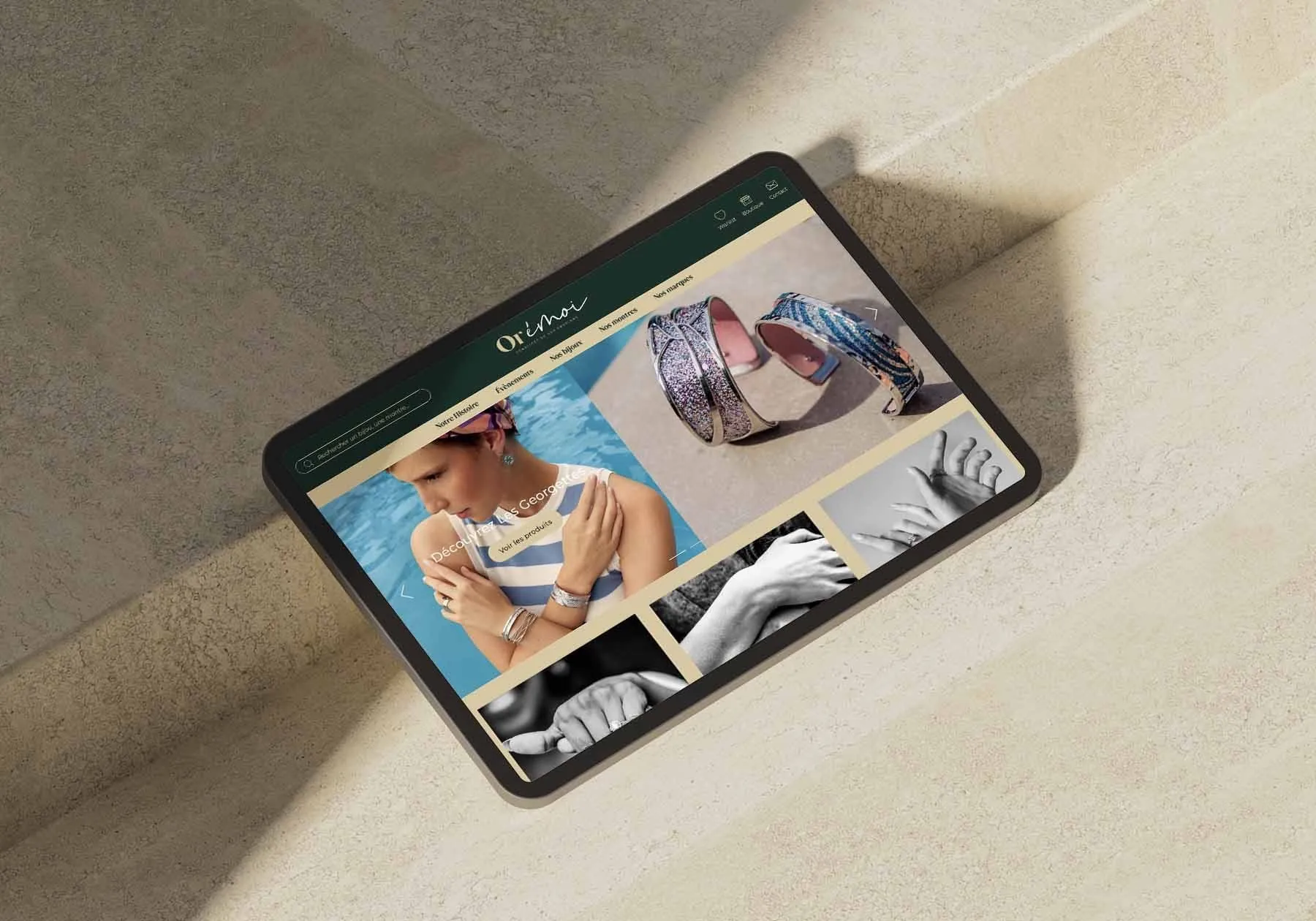 Site ORémoi affiché sur une tablette : bijoux portés et navigation de la boutique