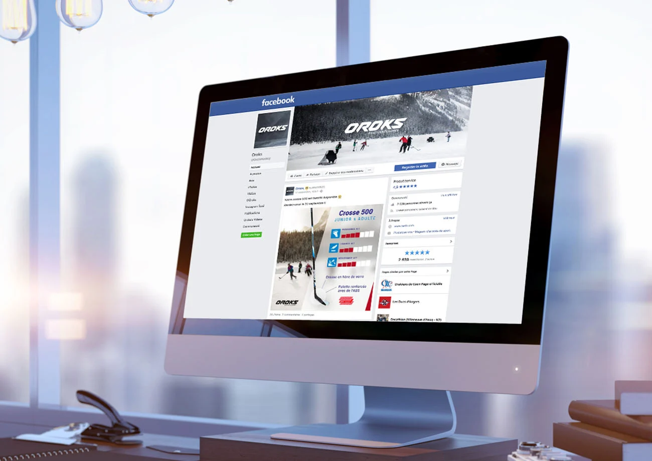 Page Facebook Oroks affichée sur un iMac, publication sur la crosse 500