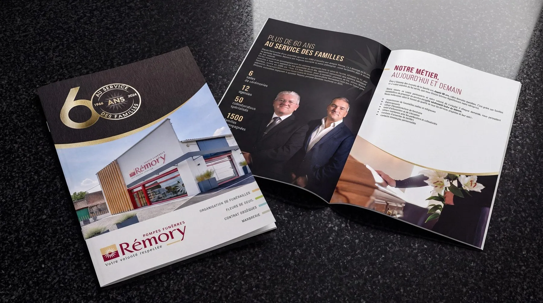 Brochure « 60 ans au service des familles » de Rémory : couverture et double page présentant l'entreprise