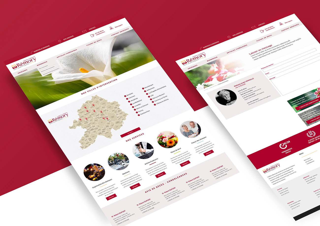 Webdesign du site Rémory : villes d'intervention, services, avis de décès et condoléances