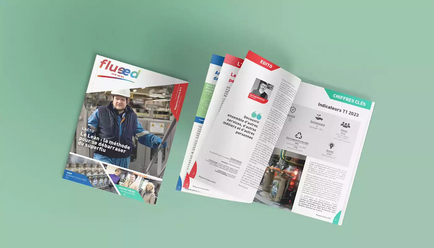 Pages intérieures de Flueed : édito, chiffres clés « Indicateurs T1 2023 » et rubriques colorées