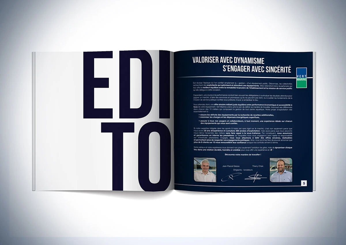 Double page « Édito » du livre blanc Vert Marine, signée des dirigeants fondateurs
