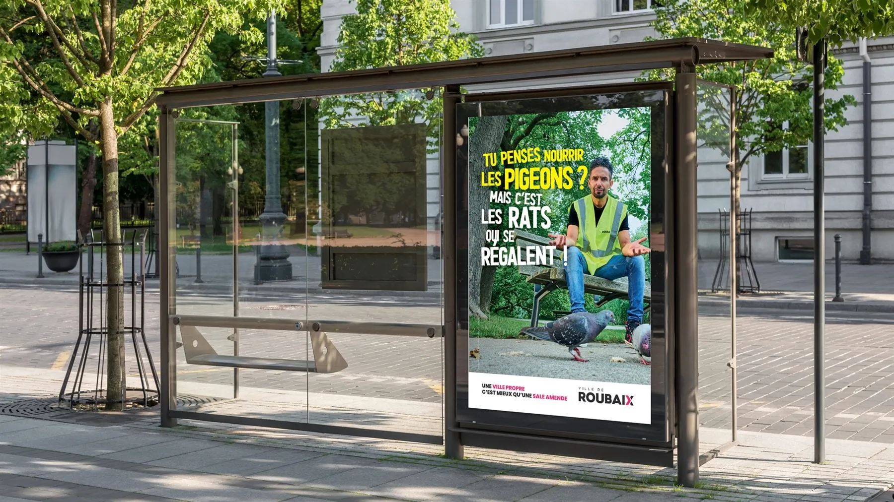 Projet Ville de Roubaix : mockup abribus de la campagne propreté